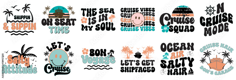 Naklejka premium Cute Retro Cruise Phrases, Calligraphic Lettering Collection Vector Illustration for Advertising, Sticker, Postcard