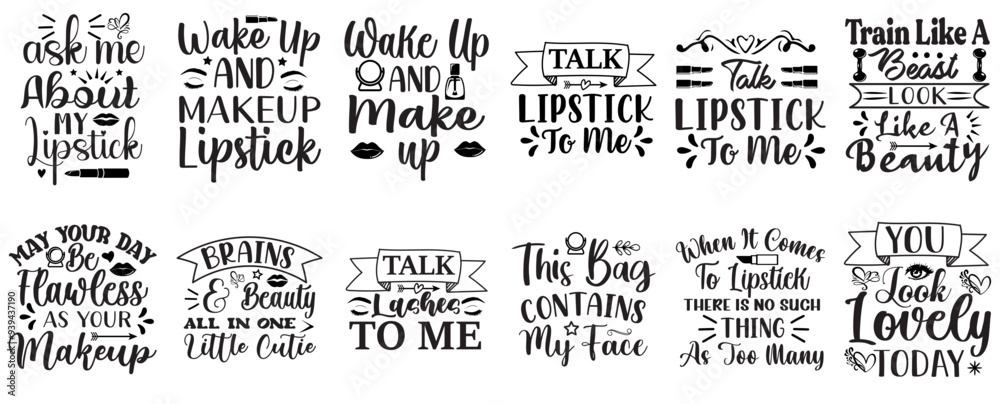 Fototapeta premium Decorative Makeup Trendy Retro Style Illustration, Calligraphic Lettering Collection Vector Illustration for Greeting Card, Sticker, Social Media Post