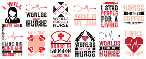 Creative Nurse Calligraphic Lettering, Typographic Emblems Bundle Vector Illustration for Advertising, Wrapping Paper, Packaging