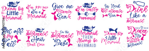 Quadro su tela Decorative Mermaid Inscriptions, Calligraphy Set Vector Illustration for Packagi