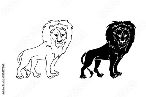 Linear sketch, silhouette, stamp of a wild, predatory animal lion. Vector graphics.