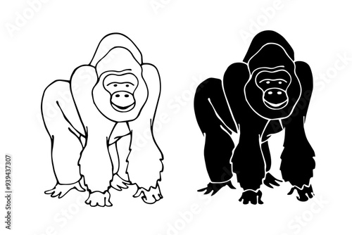 Line sketch,silhouette,stamp of wild animal gorilla.Vector graphics.