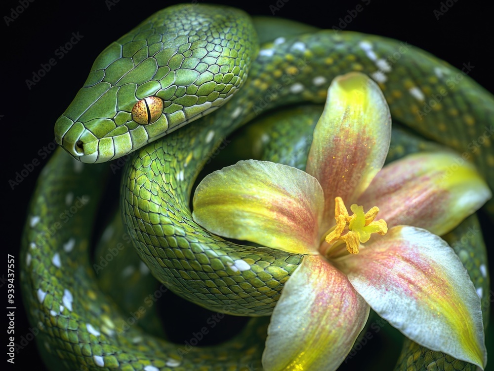 Obraz premium Green Tree Python Coiled Around Exotic Flower: Nature's Elegant Contrast and Beauty