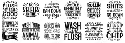 Modern Funny Bathroom Inscriptions, Typographic Emblems Bundle Vector Illustration for Motion Graphics, Magazine, Stationery