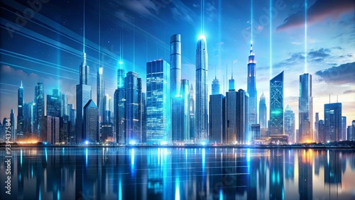 Futuristic city skyline with advanced holographic ads for cutting-edge investment firms