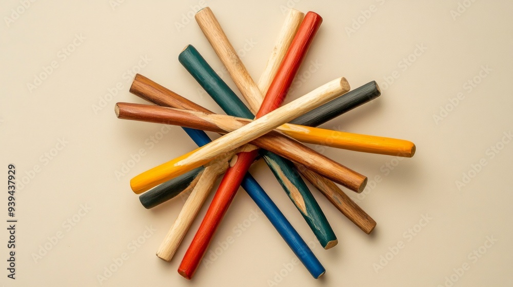 Colorful and vibrant wooden sticks arranged in a creative pattern. Each stick shows a different hue, suggesting artistic potential and playful creativity. Colorful and vibrant wooden sticks arranged in a creative pattern. Each stick shows a different hue, suggesting artistic potential and playful creativity.