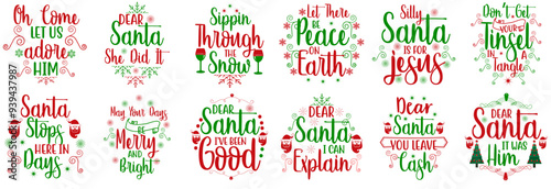 Colourful Christmas Typography, Calligraphic Lettering Set Vector Illustration for Icon, Decal, Wrapping Paper