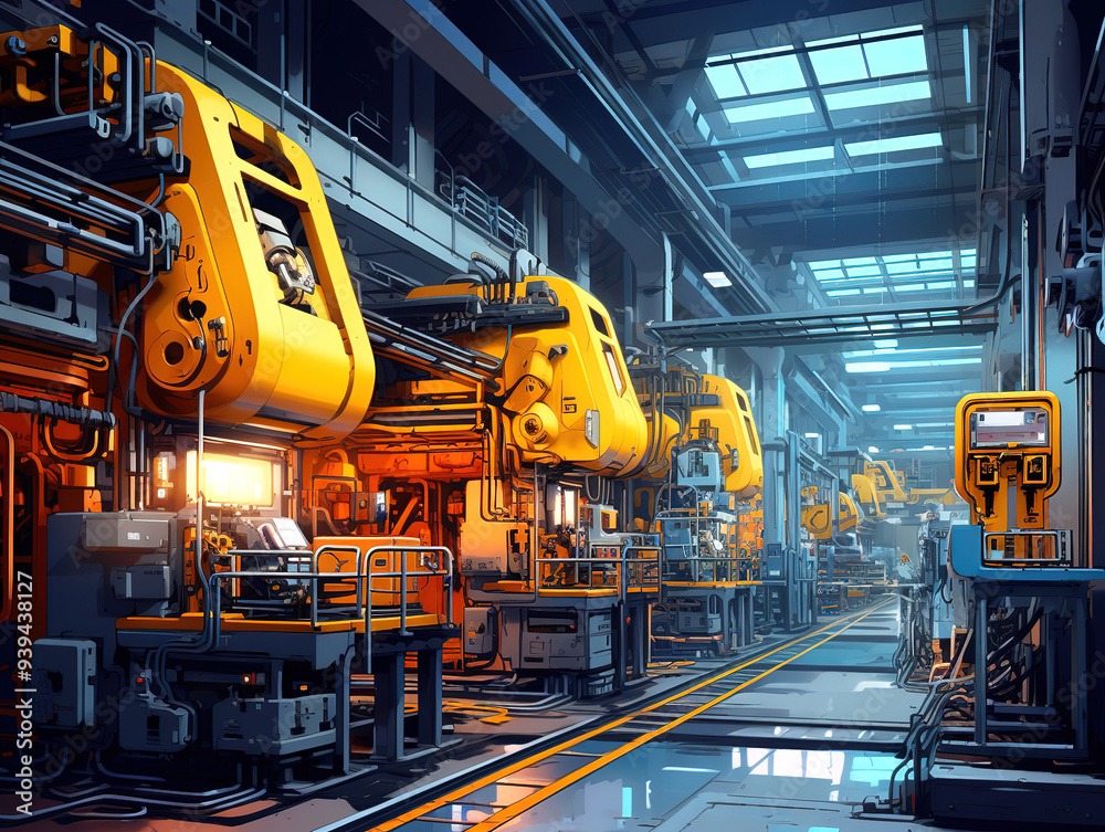 Industrial factory with robotic arms, a drawing of a robot with the word Industrial factory with robotic arms, a drawing of a robot with the word