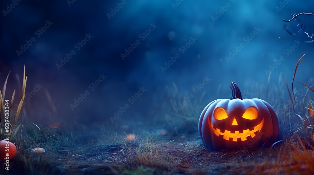 Naklejka premium Cheerful Grinning Jack-o'-Lantern on Earthen Patch, Twinkling Starry Sky, Distant Hauntingly Beautiful Moon, Expansive Negative Space