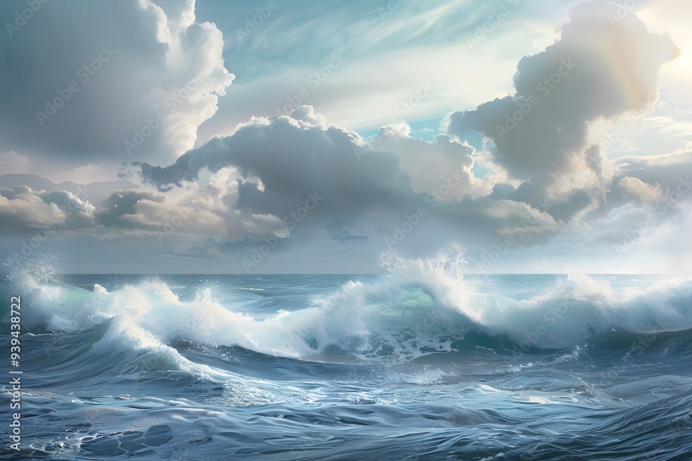 Fototapeta premium Dynamic ocean waves under a soft, cloudy sky.