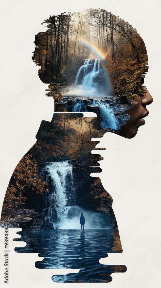Waterfall and Rainbow Inside Silhouette of a Woman Waterfall and Rainbow Inside Silhouette of a Woman