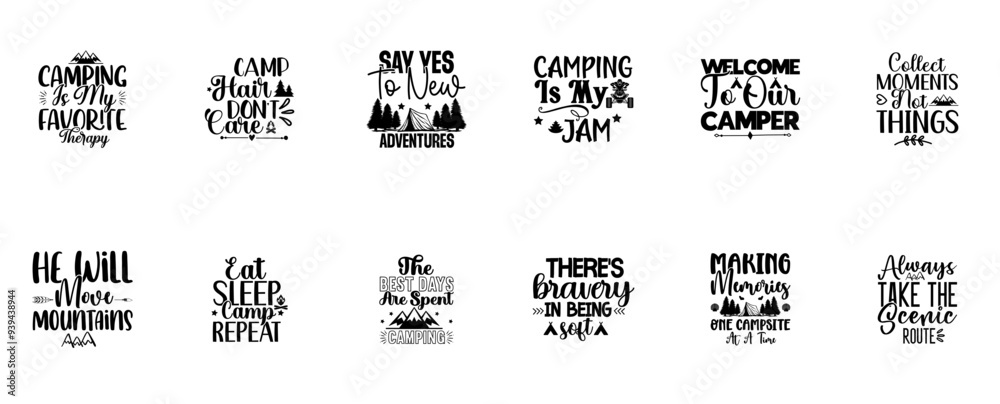 Simple Camping Typographic Emblems, Calligraphy Bundle Vector Illustration for Poster, Stationery, Postcard Simple Camping Typographic Emblems, Calligraphy Bundle Vector Illustration for Poster, Stationery, Postcard