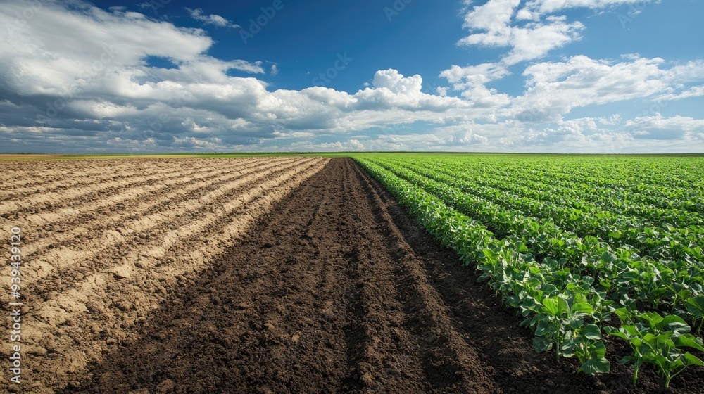 A stark contrast between barren, cracked soil and a lush, green field of crops, illustrating the concept of hunger vs. A stark contrast between barren, cracked soil and a lush, green field of crops, illustrating the concept of hunger vs.