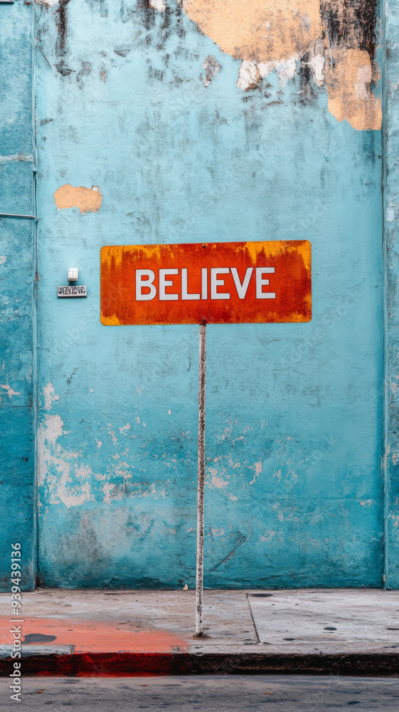 Word believe texted on street wall concept background Word believe texted on street wall concept background