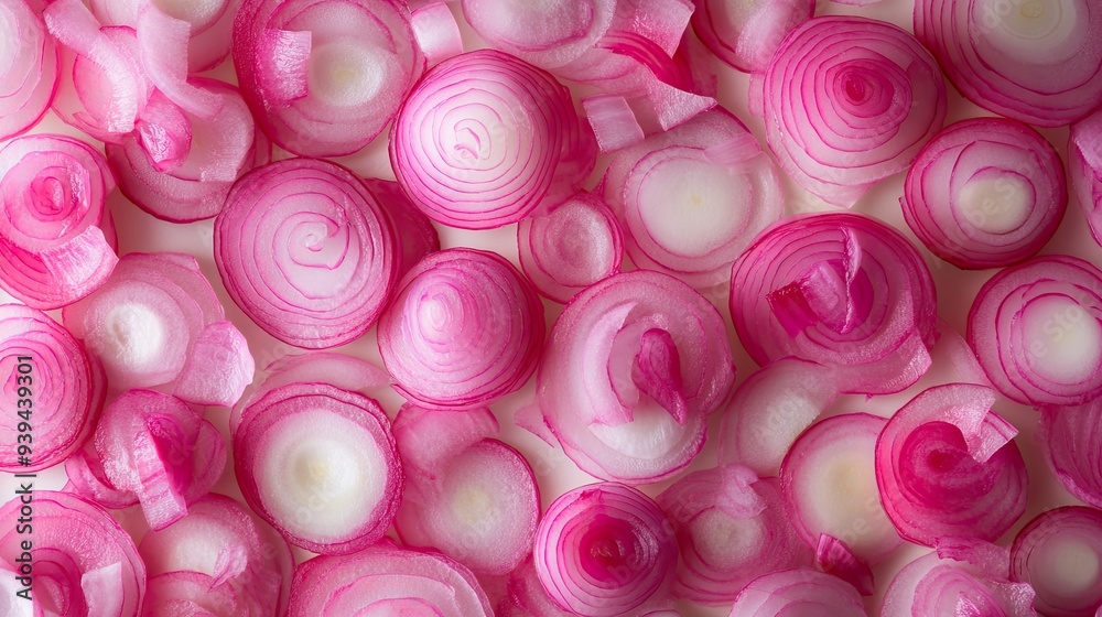 A striking composition of sliced pink onions forming an elegant pattern within a frame, perfect as a food background
