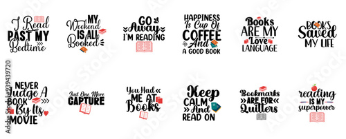 Cute Book Lover Calligraphic Lettering, Typography Bundle Vector Illustration for Infographic, Book Cover, Brochure