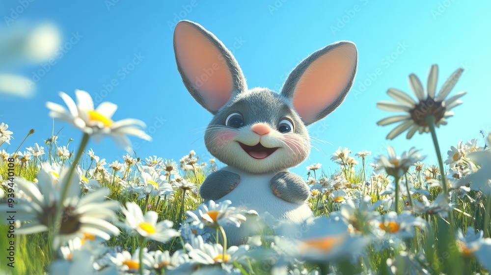 A sweet, smiling cartoon creature with big ears and a round belly, sitting in a field of daisies under a clear blue sky. A sweet, smiling cartoon creature with big ears and a round belly, sitting in a field of daisies under a clear blue sky.