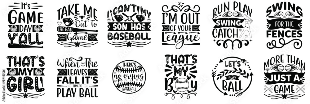 Fototapeta premium Modern Baseball Inscriptions, Phrases Set Vector Illustration for Banner, Label, Holiday Cards