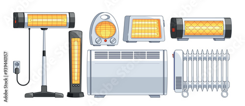 Various Types Of Modern Home Heating Devices And Radiators Displayed on White Background. Vector Illustrations