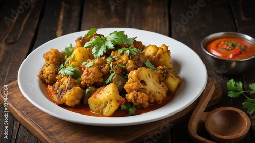 stock photography sizzling aloo gobi prepared aesthetically with a background of wooden table