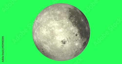 Rotating Moon with detail surface, green screen, chromakey. Rotating planet. Pattern for astronomy, universe, space