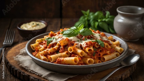 stock photography sizzling baked ziti prepared aesthetically with a background of wooden table