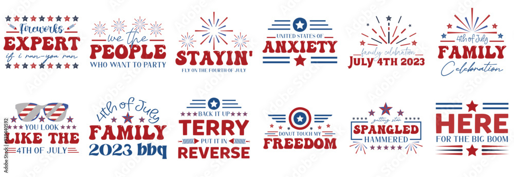 Modern 4Th Of July Hand Lettering, Typographic Emblems Pack Vector Illustration for Vouchers, T-Shirt Design, Printable Modern 4Th Of July Hand Lettering, Typographic Emblems Pack Vector Illustration for Vouchers, T-Shirt Design, Printable