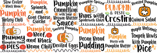 Colourful Pumpkin Typography, Inscriptions Set Vector Illustration for Vouchers, Logo, T-Shirt Design