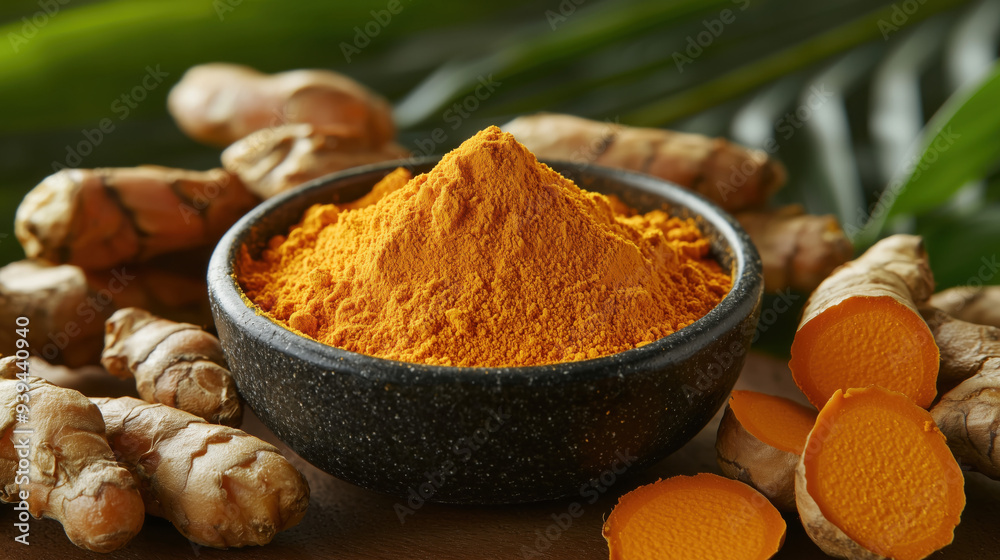 Turmeric powder in a wooden bowl on a dark background Turmeric powder in a wooden bowl on a dark background