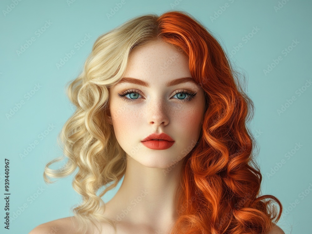 Fototapeta premium Half Blonde Half Redhead Woman with Freckles Posing Against Blue Background