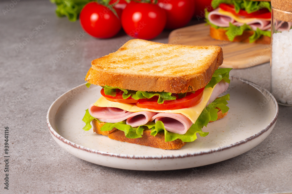 Close-up of two sandwiches with bacon, salami, prosciutto and fresh vegetables on rustic wooden cutting board. Club sandwich concept Close-up of two sandwiches with bacon, salami, prosciutto and fresh vegetables on rustic wooden cutting board. Club sandwich concept