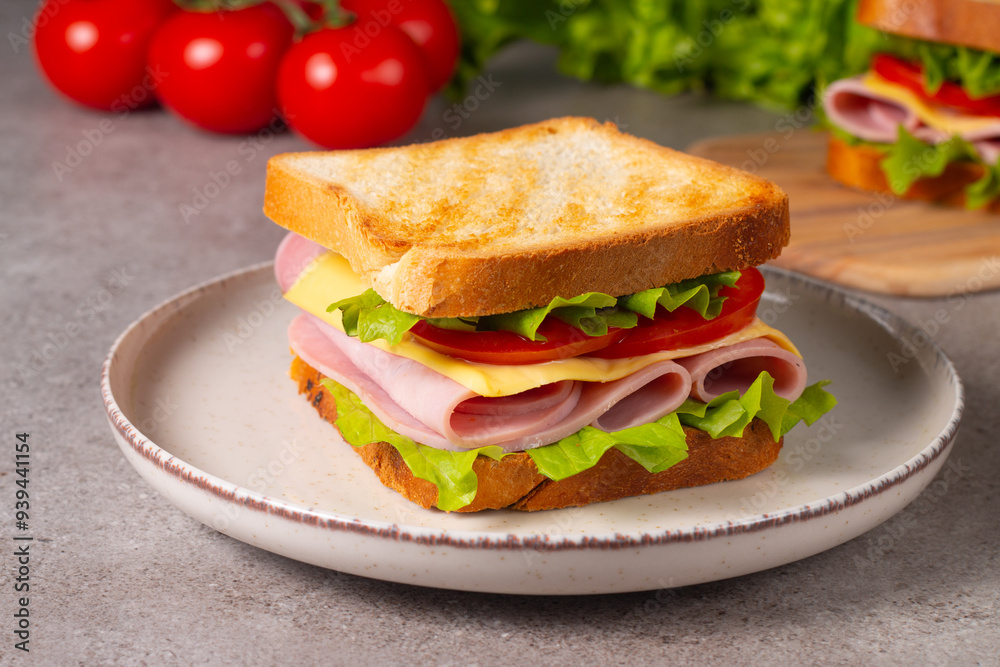 Close-up of two sandwiches with bacon, salami, prosciutto and fresh vegetables on rustic wooden cutting board. Club sandwich concept Close-up of two sandwiches with bacon, salami, prosciutto and fresh vegetables on rustic wooden cutting board. Club sandwich concept