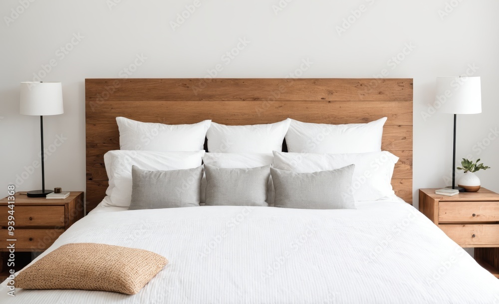 Minimalist Bedroom with White Bedding and Wooden Furniture Accents Minimalist Bedroom with White Bedding and Wooden Furniture Accents