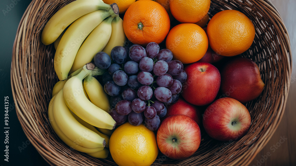Assorted Fresh Fruits in a Woven Basket, Top view of a woven basket filled with fresh fruits including bananas, oranges, grapes, and apples, showcasing vibrant and healthy produce.
Assorted Fresh Fruits in a Woven Basket, Top view of a woven basket filled with fresh fruits including bananas, oranges, grapes, and apples, showcasing vibrant and healthy produce.