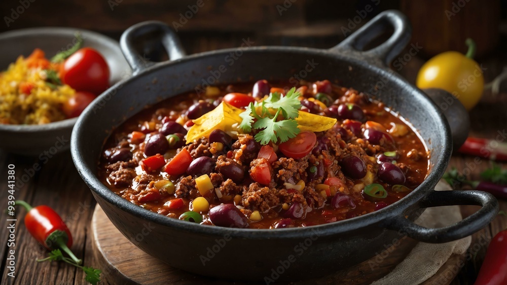 stock photography sizzling chili con carne prepared aesthetically with a background of wooden table