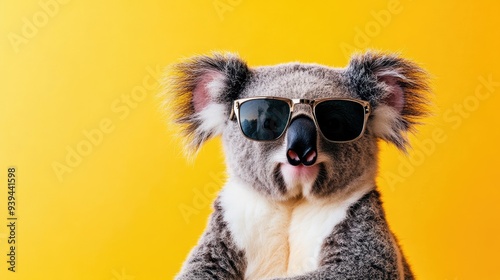 A funny koala bear wearing sunglasses, posing coolly against a bright yellow background, exuding charm. photo