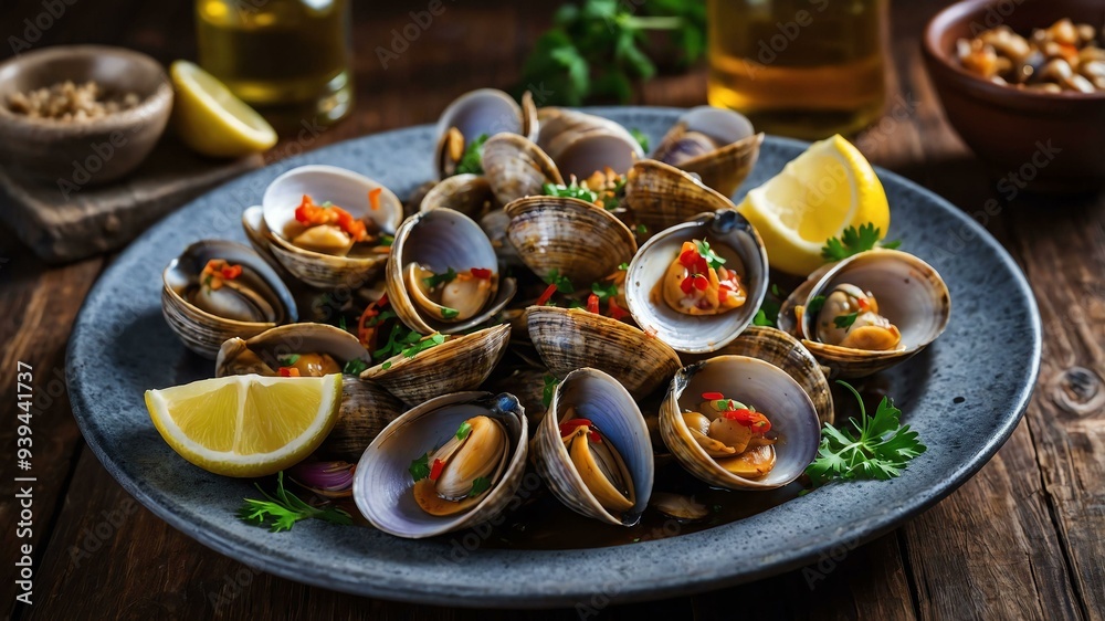 Fototapeta premium stock photography sizzling clams prepared aesthetically with a background of wooden table