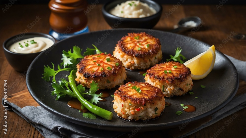 stock photography sizzling crab cakes prepared aesthetically with a background of wooden table stock photography sizzling crab cakes prepared aesthetically with a background of wooden table