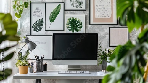 Transform Your Home Office: A Stylish Desk, Inspiring Decor, and Lush Plants - Perfect for a Motivating Workspace Poster! photo