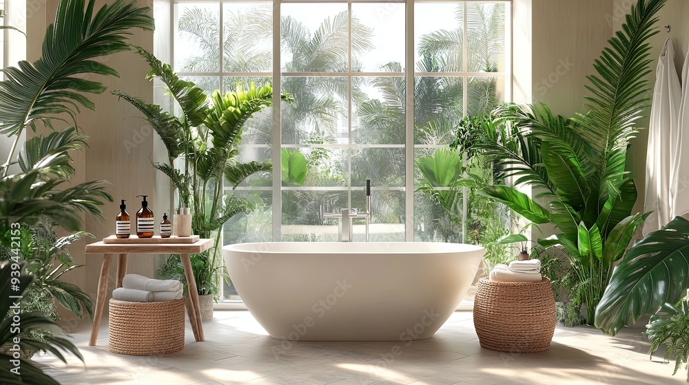 Create a Serene Oasis: Captivating Bathroom Poster featuring a White Bathtub, Tropical Plants, and Spa Elements for a Relaxing Home Interior Create a Serene Oasis: Captivating Bathroom Poster featuring a White Bathtub, Tropical Plants, and Spa Elements for a Relaxing Home Interior