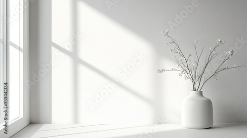 A serene white window with a vase on a white table, perfect for a peaceful, minimalist setting.
