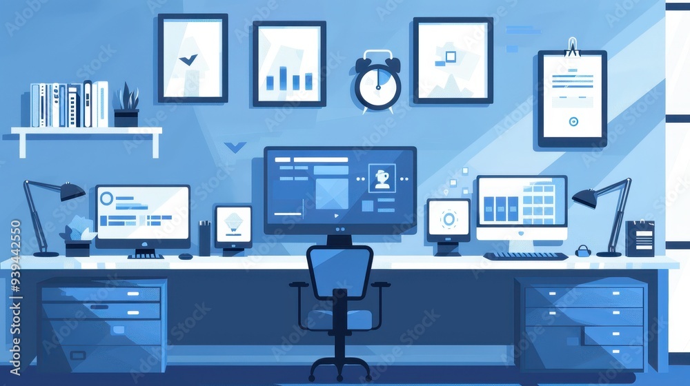 Modern home office setup with multiple computer screens, sleek furniture, and organized workspace ideal for productivity and efficiency. Modern home office setup with multiple computer screens, sleek furniture, and organized workspace ideal for productivity and efficiency.