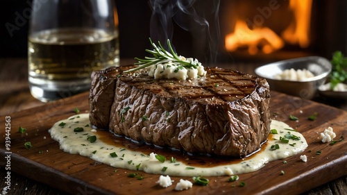stock photography sizzling gorgonzola steak prepared aesthetically with a background of wooden table