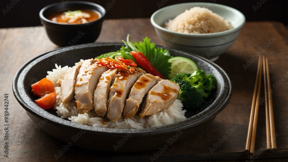 stock photography sizzling hainanese chicken rice prepared aesthetically with a background of wooden table stock photography sizzling hainanese chicken rice prepared aesthetically with a background of wooden table