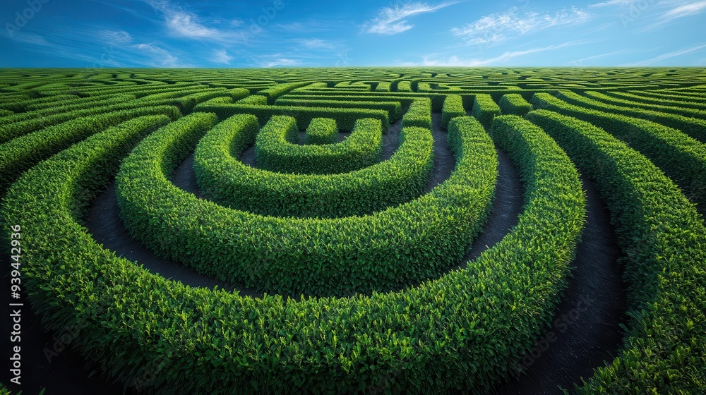 pristine white hedgerow maze stretching into the distance perfectly manicured with sharp edges and geometric patterns blue sky and wispy clouds overhead pristine white hedgerow maze stretching into the distance perfectly manicured with sharp edges and geometric patterns blue sky and wispy clouds overhead
