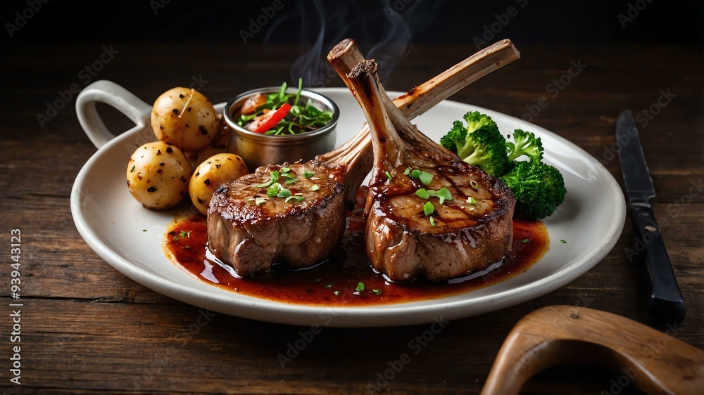 stock photography sizzling lamb chops prepared aesthetically with a background of wooden table stock photography sizzling lamb chops prepared aesthetically with a background of wooden table