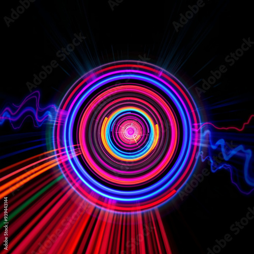 Vivid Concentric Circles and Speed Lines in Neon Colors on Black Background