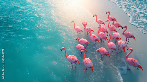 Aerial view of pink flamingos on the shallow water of a white sandbank with beautiful blue ocean