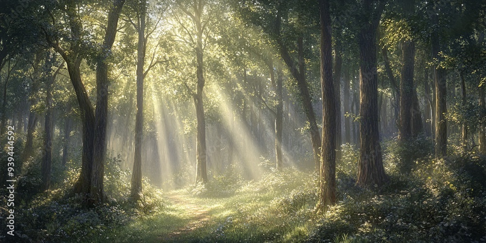 Obraz premium Sunbeams pierce through the dense canopy of a lush forest, illuminating a path leading deeper into the woods.