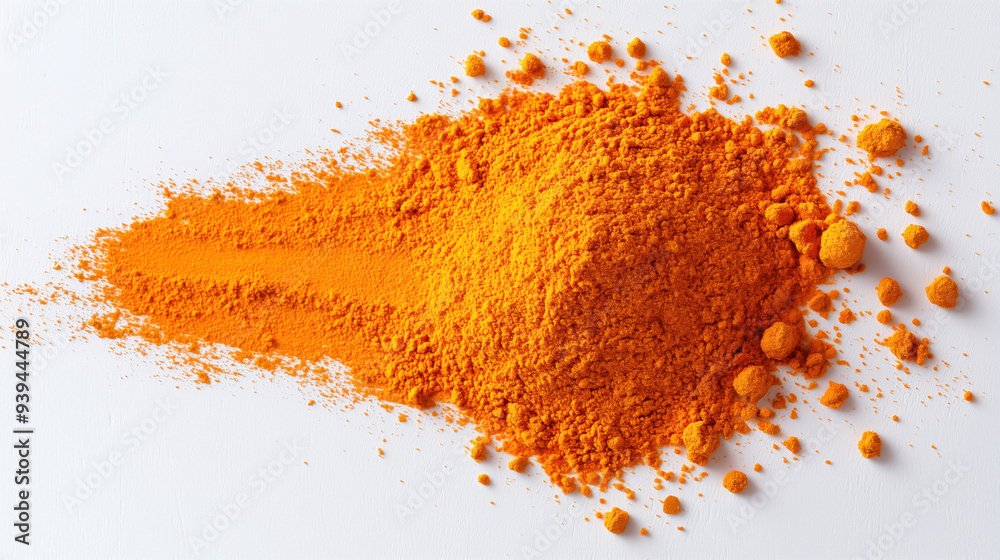 Turmeric powder spread on a white background Turmeric powder spread on a white background